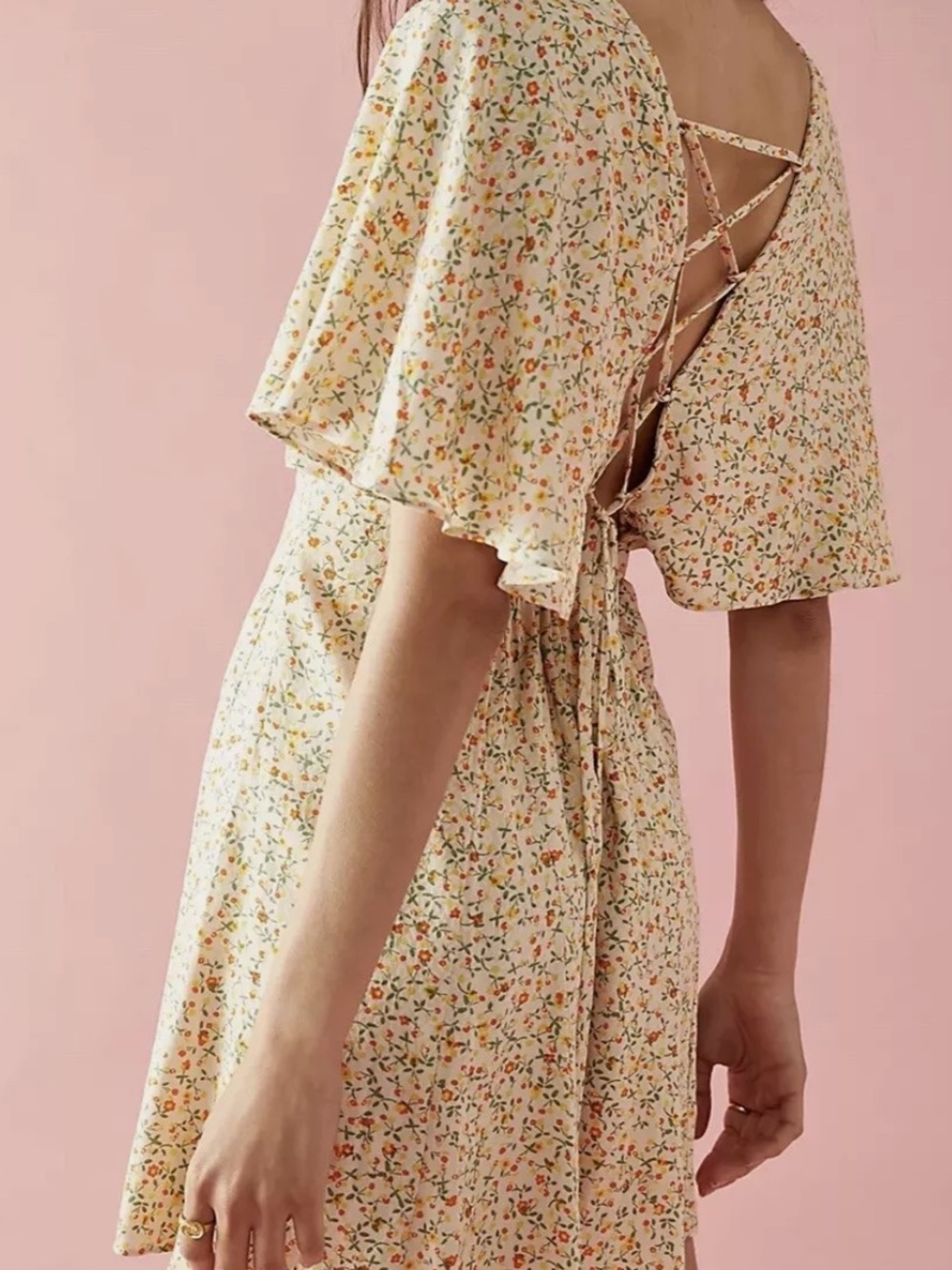 Free People Ivory Floral Smocked Mini Dress